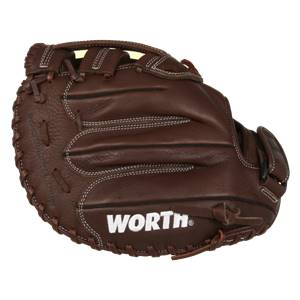 Front view of a brown softball glove with white stitching and WORTH logo.