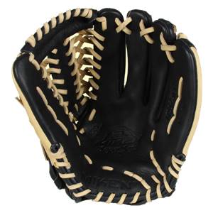 Front view of a black fastpitch glove with tan lacing and Miken branding.