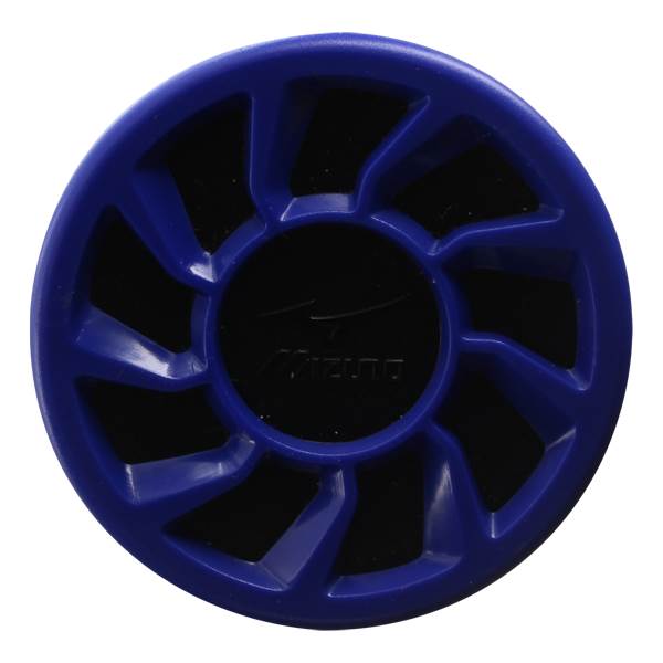 Top-down view of a blue baseball bat end cap with a black Mizuno logo.