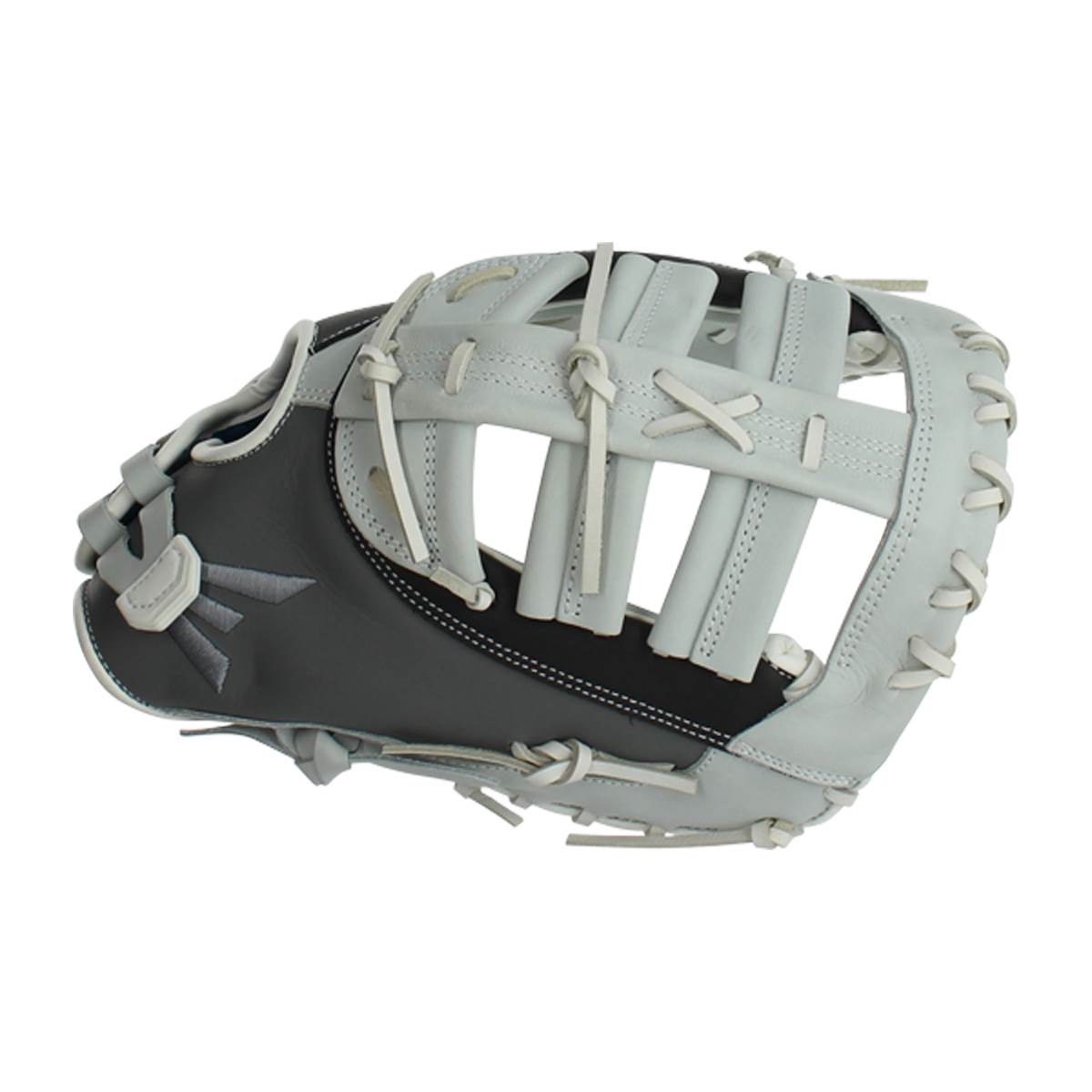 Top-down view of a grey and black Easton Ghost first base mitt with a webbed pocket and white lacing.