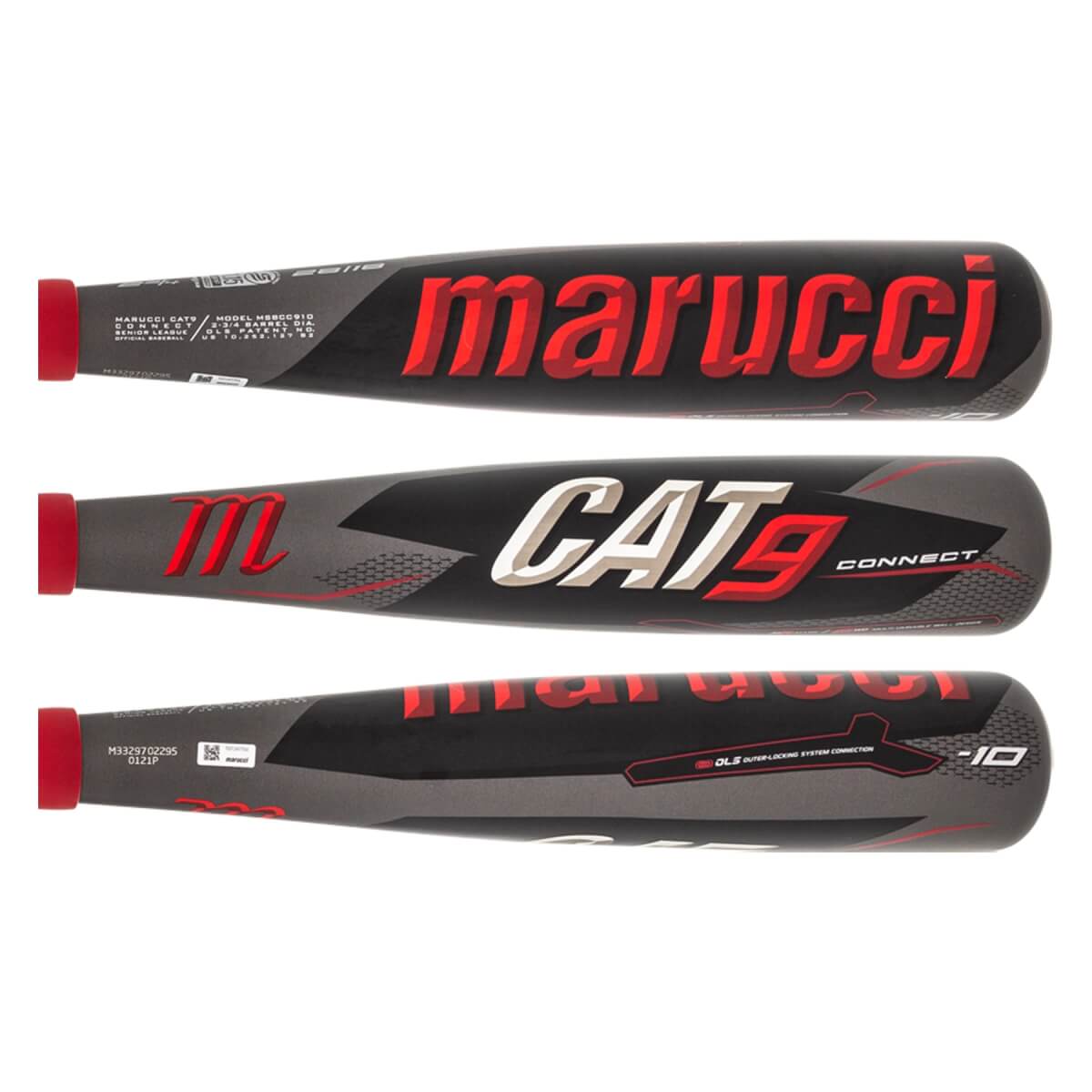 Top-down view of three black baseball bats with red and white branding.