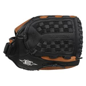 Top-down view of a black and tan baseball glove with a checkered web and Easton branding.