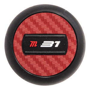Top-down view of a black baseball bat end cap with red carbon fiber pattern and white 31 logo.