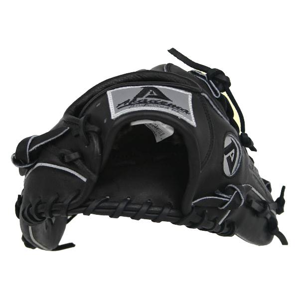 Top-down view of a black baseball glove with white stitching and an A logo.