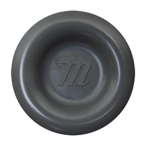 Top-down view of a gray baseball bat end cap with a debossed m logo.