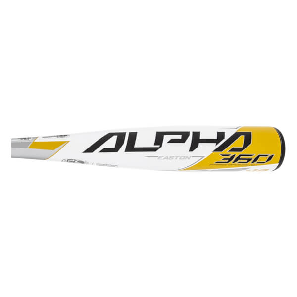 Side view of a white baseball bat with black ALPHA and yellow 360 text.