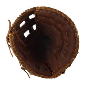 Top-down view of a brown Nokona first base mitt with visible Nokona and Walnut branding.