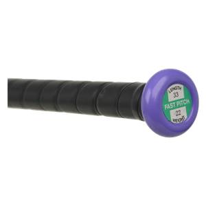 Close-up of a purple end cap on a black fastpitch softball bat with LENGTH 33 and WEIGHT 22 labels.