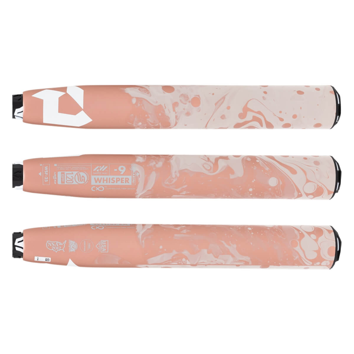 Multiple views of a pink and white marbled fastpitch softball bat with a white DeMarini logo and WHISPER text.