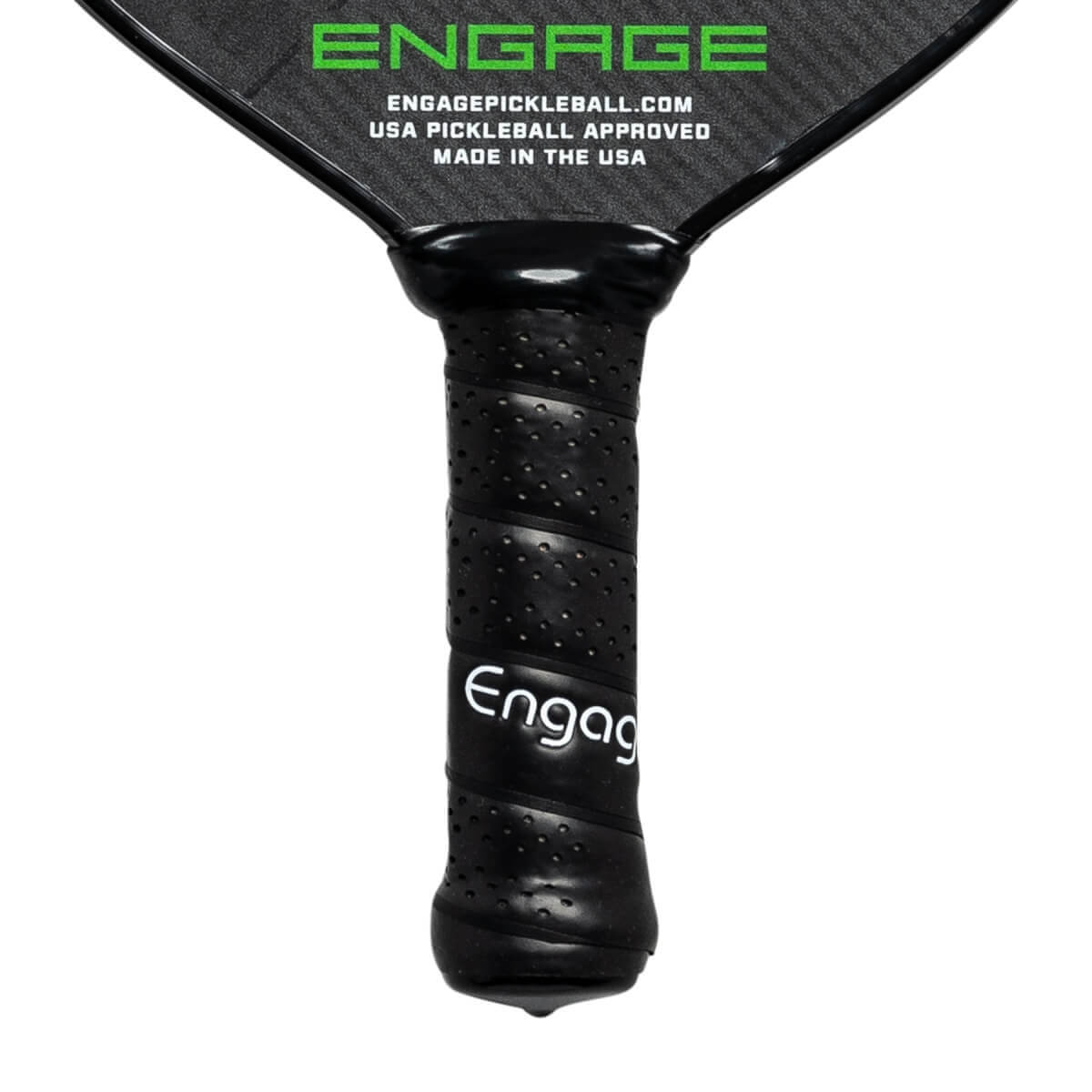Close-up of a black pickleball paddle grip with perforations and Engag text.