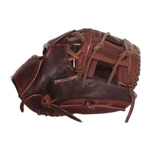 Side view of a brown baseball glove with visible lacing and a deep pocket.