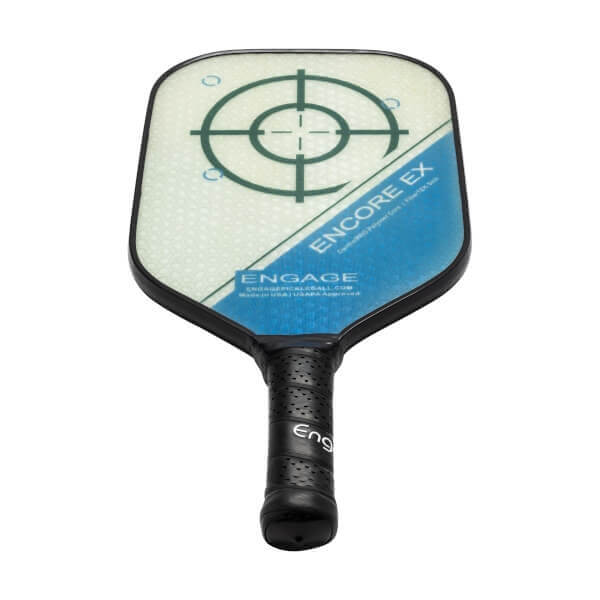 Top-down view of a white and blue pickleball paddle with a target design and ENGAGE branding.