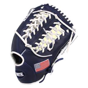 Corner view of a navy blue baseball glove with white lacing and an American flag patch.