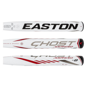 Side view of a white Easton Ghost Advanced fastpitch softball bat with red and gray accents and -8 marking.
