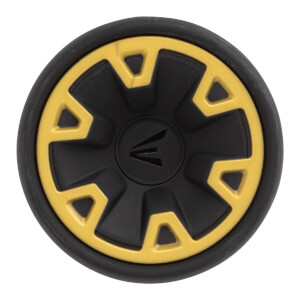 Top-down view of a black baseball bat end cap with yellow accents and an Easton logo.