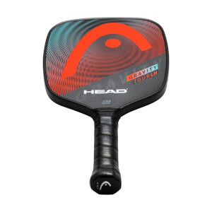 Front view of a black pickleball paddle with a large orange HEAD logo, GRAVITY TOUR LH text, and a gradient blue and red pattern.