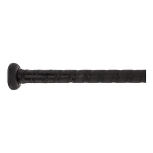 Side view of a black baseball bat with a textured grip and black end cap.