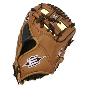 Top-down view of a tan baseball glove with brown lacing and a white E logo.