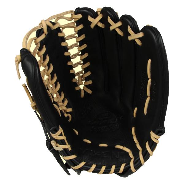 Front view of a black baseball glove with tan lacing and Miken branding.