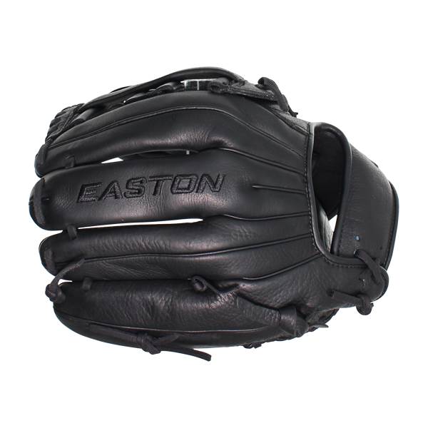 Front view of a black Easton baseball glove with a textured palm and lacing details.