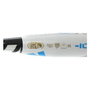Close-up of a white DeMarini CF9 softball bat with gold 1.20 BPF USSSA and ASA certifications.