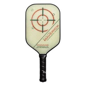 Front view of a light-colored pickleball paddle with a target design, Maverick text, and black grip.