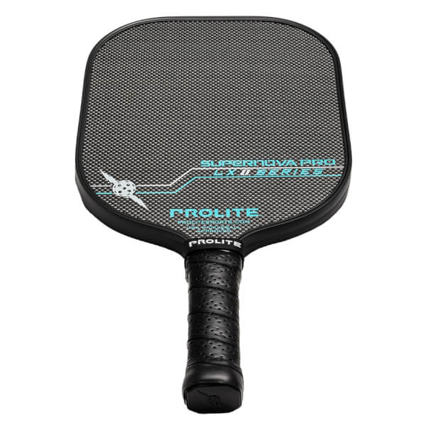 Top-down view of a black pickleball paddle with a textured surface, PROLITE branding, and SUPERNOVA PRO LX II SERIES text.