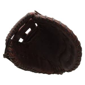 Top-down view of a brown leather baseball glove with visible lacing and a deep pocket.