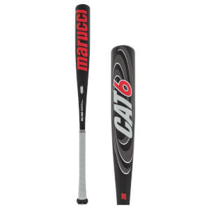 Side view of a black baseball bat with red marucci text and CAT6 graphic.