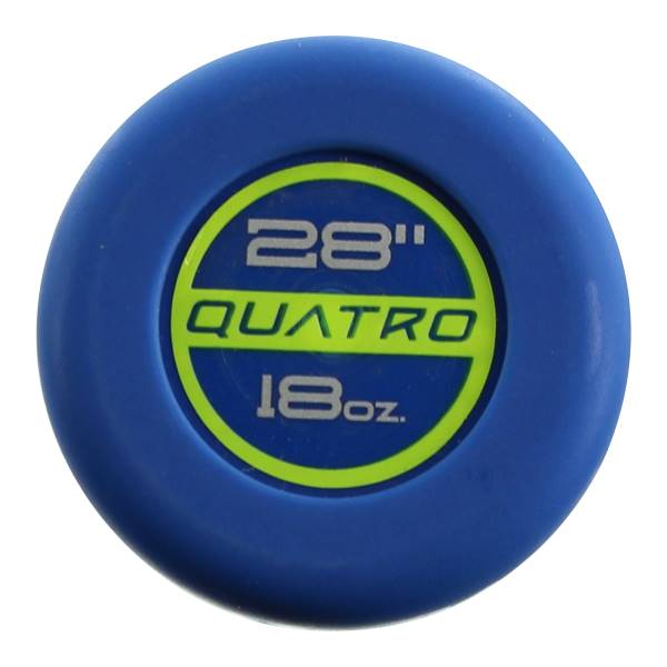 End cap view of a blue baseball bat with 28 QUATRO 18oz. text.