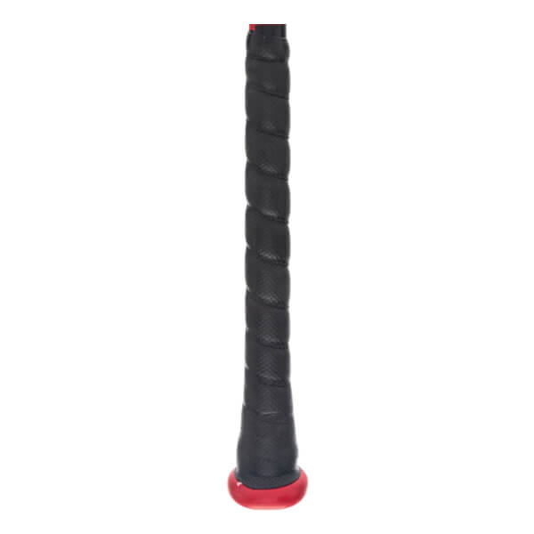 Close-up of a black baseball bat grip with a red end cap.