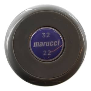 Top-down view of a gray softball bat end cap with a blue insert showing 32 marucci 22.