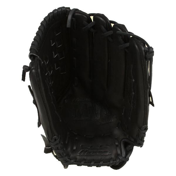 Interior view of a black baseball glove with lacing and embossed Mizuno logo.