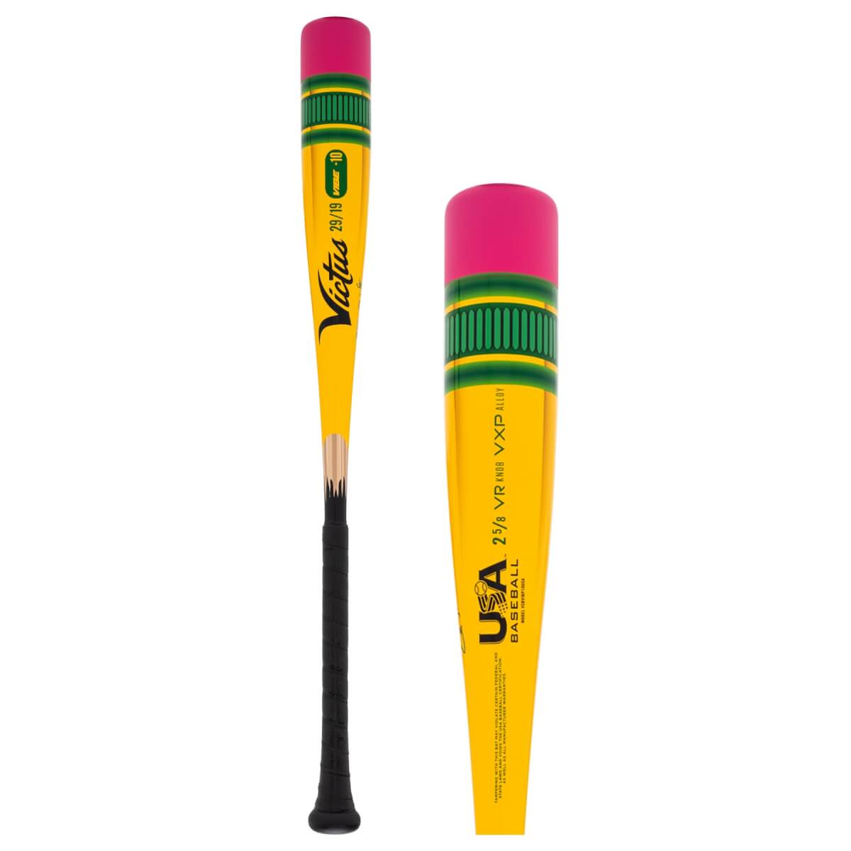 Full view and close-up of a yellow Victus USA Baseball bat designed like a pencil, with a pink eraser and green bands.