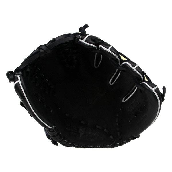 Top-down view of a black baseball glove with white stitching and a U-shaped pocket.