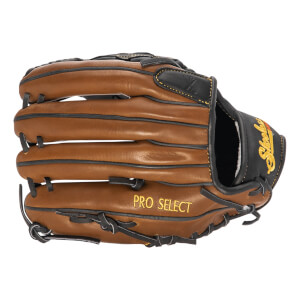 Side view of a brown baseball glove with black accents and PRO SELECT text.