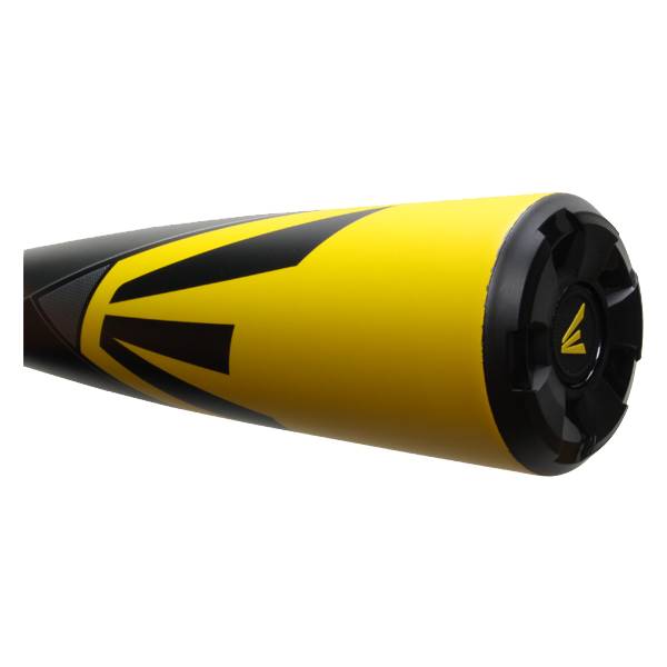 Side view of a yellow baseball bat with black Easton branding and a black end cap.
