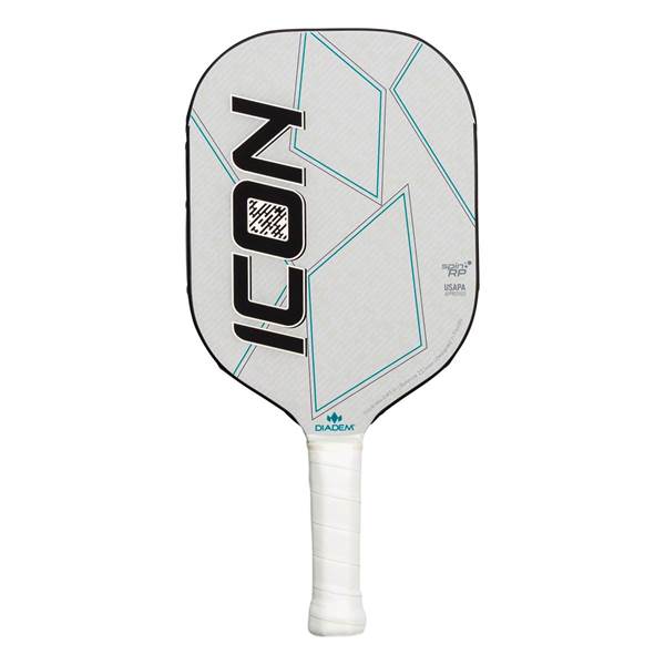 Front view of a white pickleball paddle with ICON text, geometric lines, and a white grip.