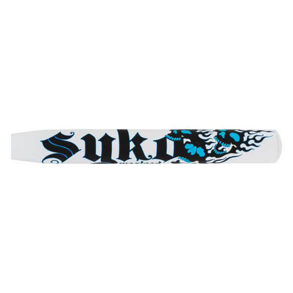 Side view of the white bat barrel showcasing prominent black gothic "Syko" text next to a stylized blue and black flaming skull graphic.