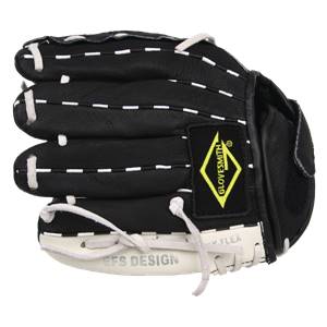 Front view of a black youth baseball glove with white stitching, a Glovesmith logo, and EFS DESIGN text.