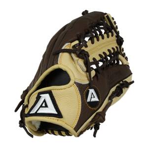 Side view of a brown and tan baseball glove with Akadema text and A logos.