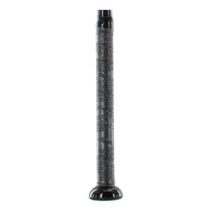 Close-up of a black baseball bat grip with a repeating pattern and a black end cap.