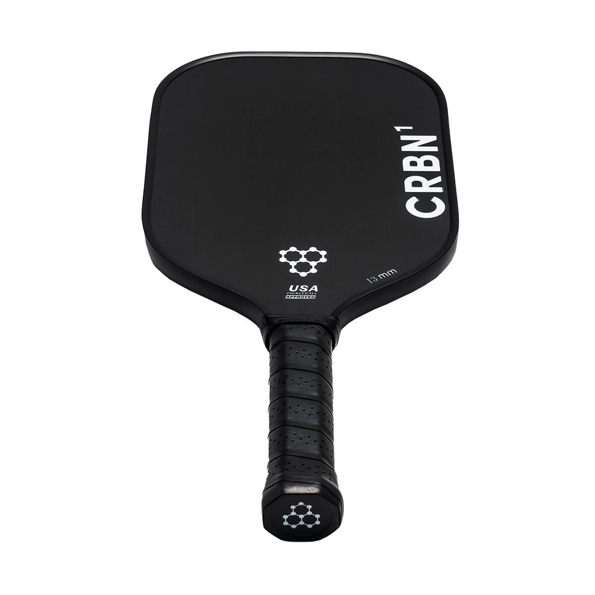 Top-down view of a black pickleball paddle with CRBN¹ branding, a honeycomb logo, and 13mm text.