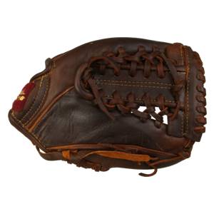 Top-down view of a brown baseball glove with dark brown lacing and a red embroidered logo.