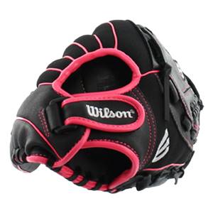 Side view of a black fastpitch glove with pink stitching and a Wilson logo.