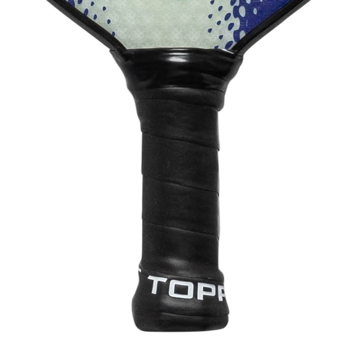 Close-up of a black pickleball paddle grip with white TOPP branding.