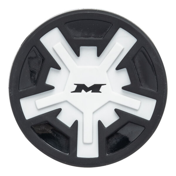 Top-down view of a black and white softball bat end cap with a central M logo and starburst design.