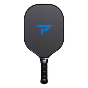 Front view of a black pickleball paddle with a blue P logo and textured grip.