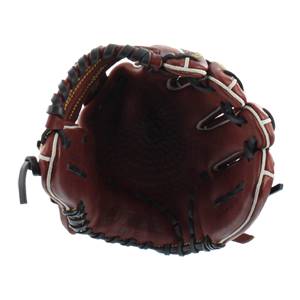 Inside view of a brown baseball glove with black and white lacing and a deep pocket.