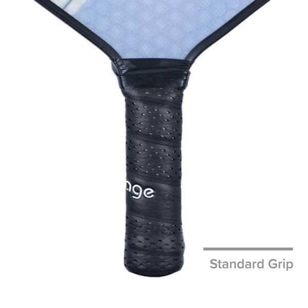 Close-up of a black pickleball paddle grip with Engage text and a textured pattern.